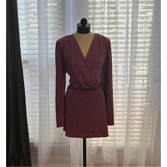 ❌SOLD❌MNG Pink Metallic Mini Wrap Dress Size 18 Cocktail Lightweight Stretch - Picture 10 of 15